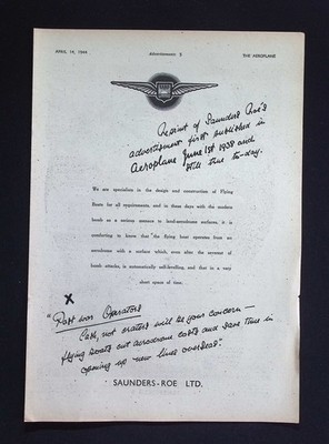 Original 1944 Advert Saunders-Roe Limited Flying Boats Design