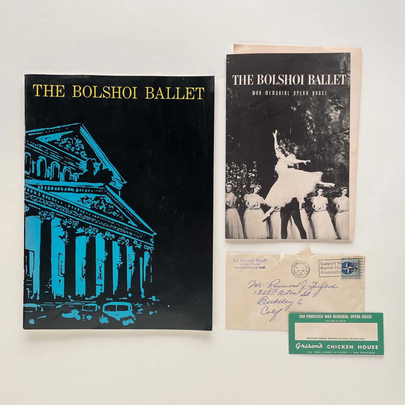 Programa de ballet Bolshoi 1959 • Programa más pequeño de San Francisco • Sobre de boletos