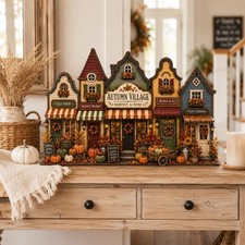 Autumn Village Wooden Block Decor, Fall House Shelf Sitter