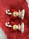 Vintage (2) Lefton Candy Cane Pixie Elf Bell Christmas Big Bow Stripes 3"