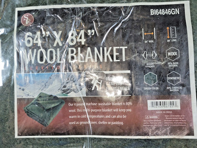 Sona Enterprises (SE) Olive Green Camp Blanket 80% Wool 84'' L x 64'' W New In Bag