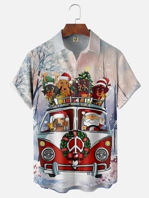 Santa Claus Dog Chest Pocket Casual Shirt