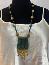 Vtg Blue Peacock Glass Cloisonné Millifori  Amulet Medicine Bag Necklace Fringe