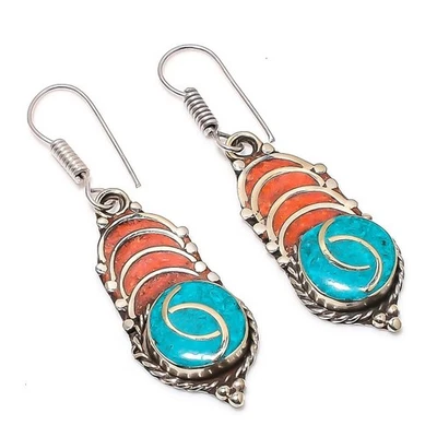 Boucles d'oreilles pierres précieuses corail rouge turquoise bijoux uniques... - Photo 1/4