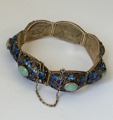 Antique Chinese Export Sterling Silver Gilt Enamel Filigree Jade Link Bracelet