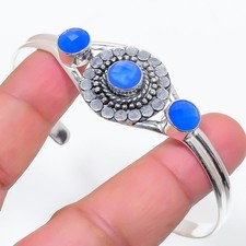 Blue Chalcedony Gemstone Handmade 925 Sterling Silver Cuff Bracelet Size 7-8"