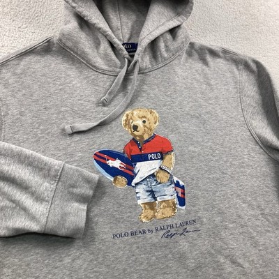 Polo Ralph Lauren Bear Hoodie Mens XL Grey Surf Surfboard Sweatshirt Pockets
