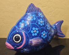 Mexican Folk Art Ceramic Fish Sculpture Hand Painted Tonala Style Pottery 10"