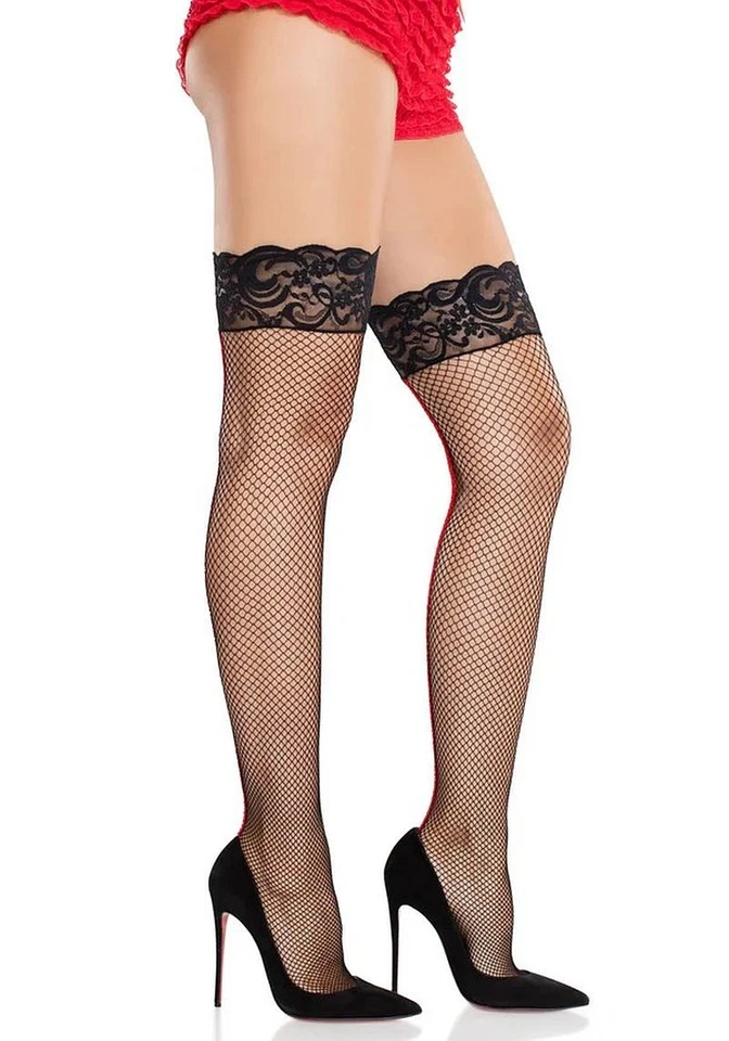 Halterlose Leg Avenue Nylon Netzstrümpfe mit Naht Schwarz-Rot 34/36/38 #AC1468 - Bild 3 von 4