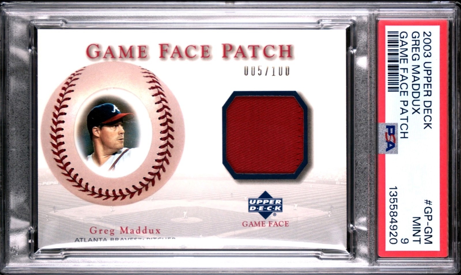 2003 GREG MADDUX PSA 9 UPPER DECK POP 1 GAME WORN PATCH ATLANTA BRAVES #'d /100 