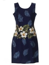 Ky s Hawaiian Sheath Dress Tank Dress Navy Yellow Hibiscus Cotton Medium Beach