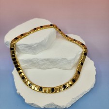 Monet Gold Tone Black Enamel Link Collar Necklace Vintage Geometric Statement