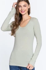Women's Basic T-Shirt Scoop Neck Cotton Long Sleeve Solid Knit Plain Top Fitted