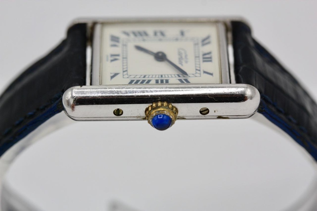 Cartier Must de Cartier Tank Watch 925 Sterling ARGENT Navy Blue