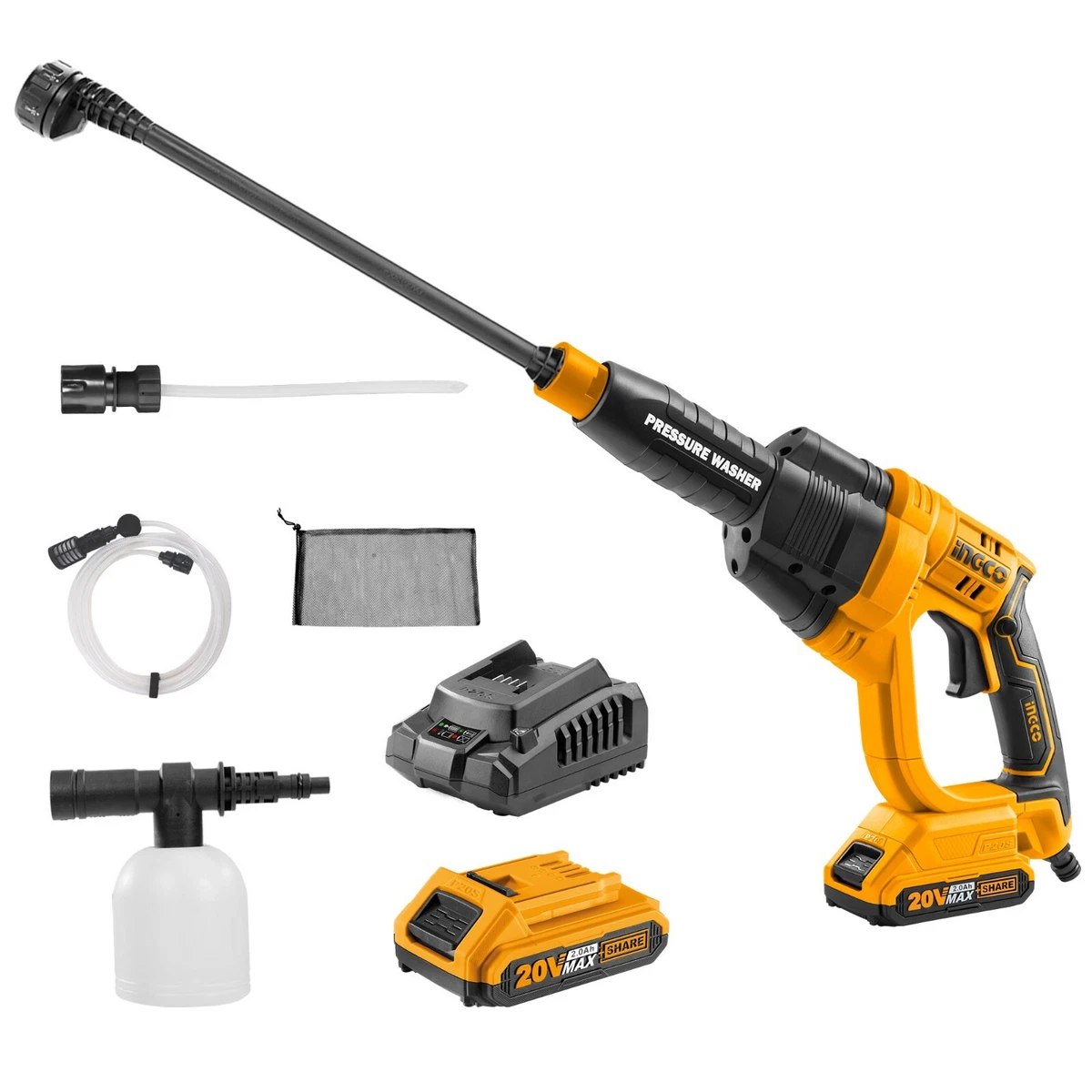INGCO 20V Li Ion Cordless Pressure Washer 24.8Bar Pressure 2.2L min 6 way Nozzle