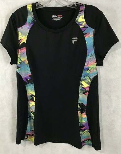 Fila Sport Athletic Top Workout Black Stretch Abstract Inset Short Sleeve Size M - Picture 10 of 11