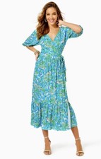 Lilly Pulitzer Brantley Midi Wrap Dress Cumulus Blue Chick Magnet Print Sz Small