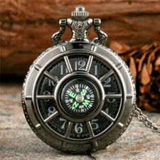 Half Hunter Compass Quartz Pocket Watch Necklace Pendant Chain Watch Unisex Gift