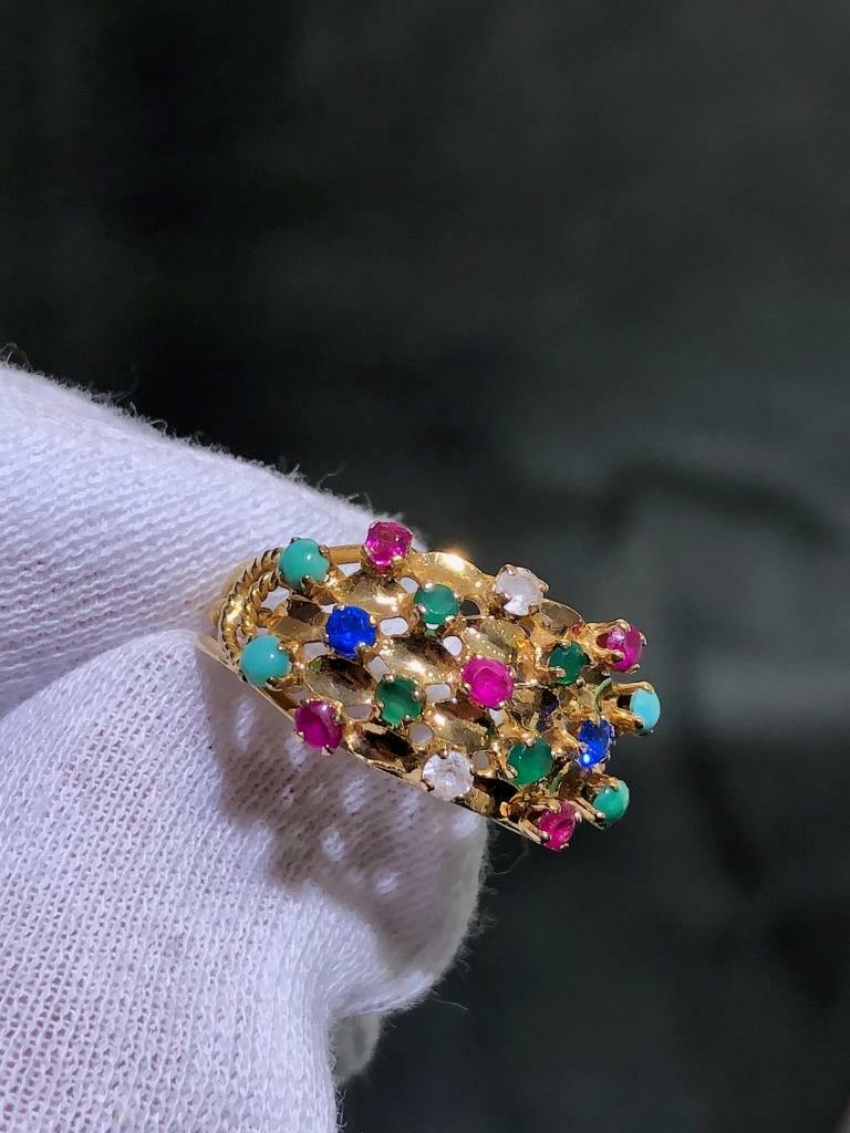 14k Solid Yellow Gold Ruby & Multi Gemstone Hand … - image 9