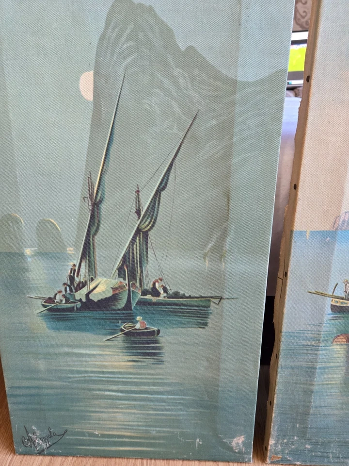 ANTIGUO ANTONIO COPPOLA ITALIA PESCADORES BAHÍA DE NÁPOLES GOUACHE PINTURAS ARTE PAR Foto 4 de 4