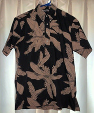Hilo Hattie Men's Camp Shirt Medium Black Tan Ginger Plant Print Authentic