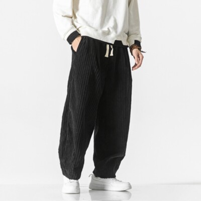 Men Corduroy Baggy Pants Casual Loose Fit Elastic Waisted Wide Leg