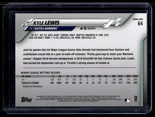 2020 Topps Kyle Lewis recrue G38 Seattle Mariners #64 - Photo 2 sur 2