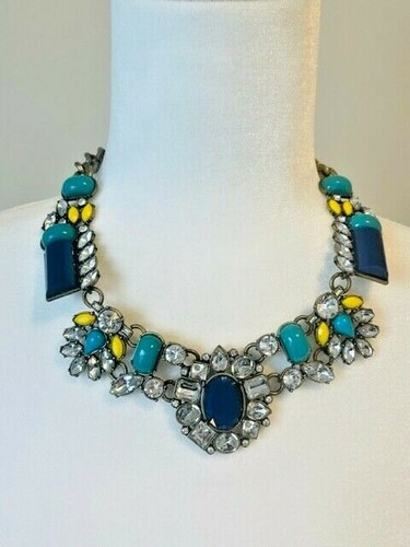 Mark By Avon Modern Bib Choker Bold Gold Tone Blue Yellow Crystal Necklace - Picture 8 of 9