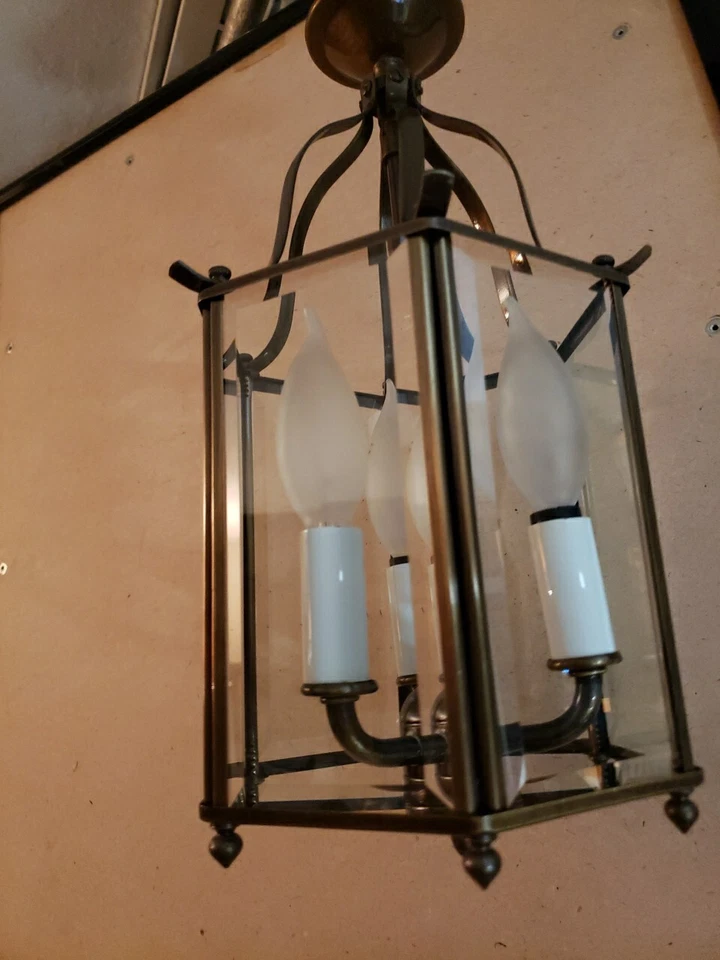 Hinkley Lighting Brass Lantern Ceiling 3 Bulb Foyer Light Pendant 6 Glass Panel - Image 3 of 3