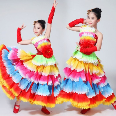 Gypsy Spanish Bullfight Flamenco Skirts Belly   Girls Robe Peony Dress Costumes