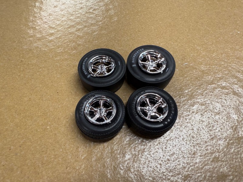 WOW PAD PRINTED  MH Racemaster Slicks Goodyears & 5 Spokes 1/25  Scale Set Look