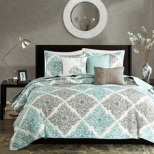 CONTEMPORARY CHIC SEAFOAM GREEN WHITE GREY LEAF 6-PC QUEEN QUILT SET REVERSIBLE