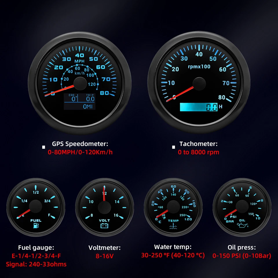 6 Gauge Set 85mm Black GPS Speedometer 80MPH/120KM/H With Sensor waterproof US - Image 3 of 4