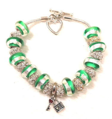 9.3'' Love Key Charms Murano Lampwork Glass Beads Rhinestone Spacers Heart Toggle