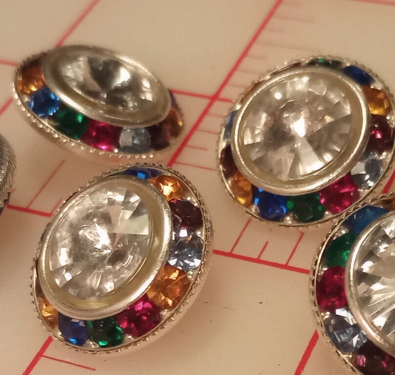 5 Multi Colored Rainbow Rhinestone Shank Buttons Crystal Clear Acrylic 7/8" 22mm - Image 2 of 4