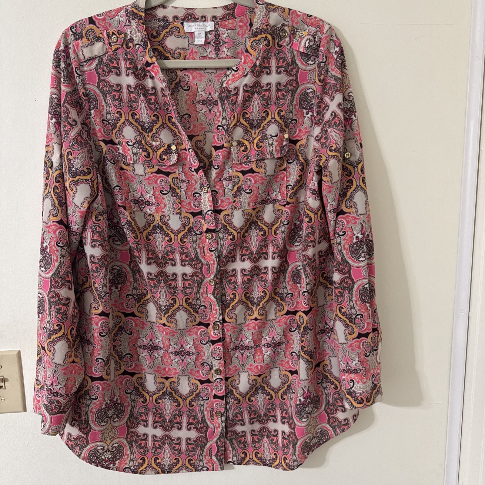 Charter Club Long Sleeve Button Up Shirt Pink Multicolor Women's Size 0X