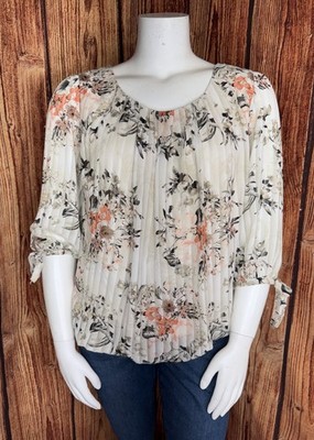Roz & Ali Women's 2X Peach Beige Coral Flowers Stripe Tie Sleeve Blouse EUC