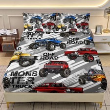 Boys Monster Truck Bedding Twin XL Size,Cartoon Truck Fitted Sheet Set Decor,...
