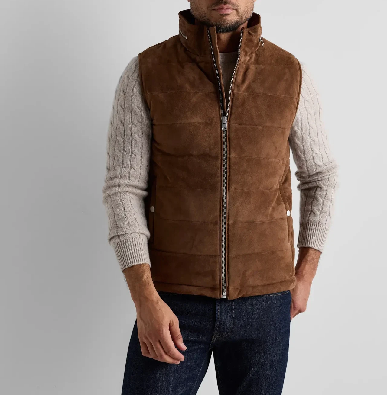 Brown Suede Leather Quilted Puffer Vest for Men Size XS S M L XL XXL 3XL