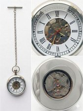 Vintage Silver Skeleton Mechanical Pocket Watch with Chain Roman Numerals