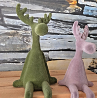 2 X Flock Elch Figur Sitzt Grau GrüN 26+30 Deko Kantenhocker Weihnachten Rentier