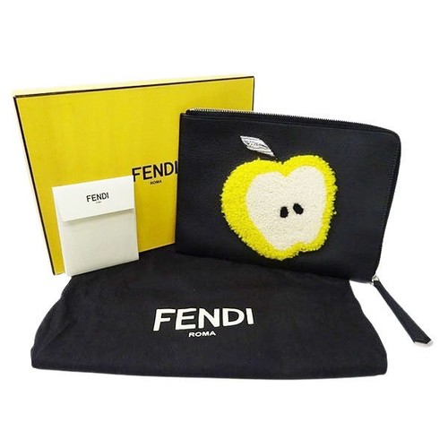 FENDI Leather Wool Apple Motif Clutch Bag Pouch Black 8M0363 Authentic Used F/S