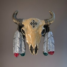 Vtg American Buckle Co 1992 American Indian Skull, Feathers Native Belt Buckle