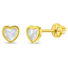 14k Yellow Gold Mother of Pearl Little Heart Screw Back Earrings for Young Girls