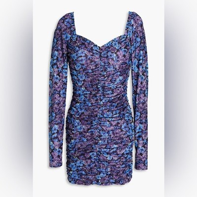 ROTATE Birger Christensen Kim Ruched Floral Print Mesh Mini Dress