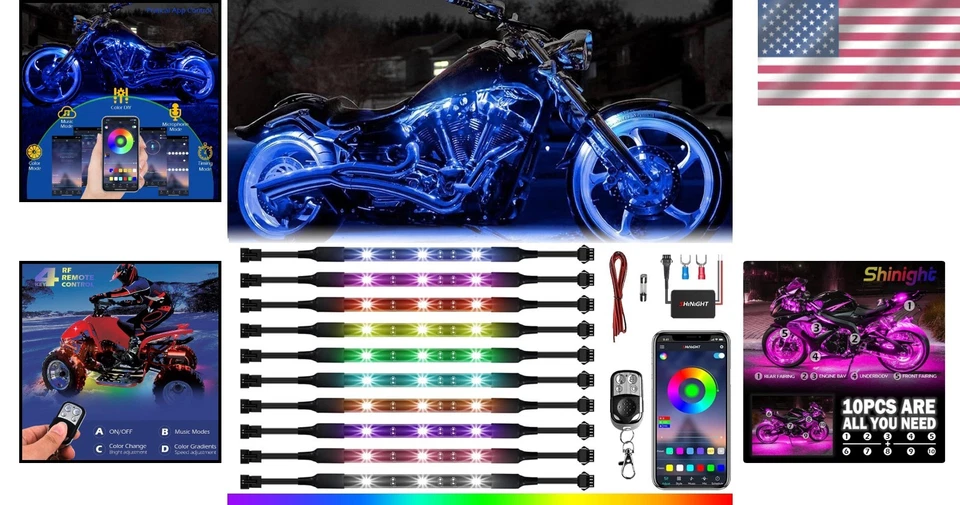10 Pcs Multicolor LED Strip Lights for ATVs & Motorcycles - Waterproof & Dynamic Foto 2 de 4