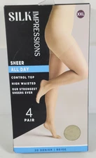 Silk Impressions Pantyhose 4 Pack XXL Beige 20 Denier Sheer NEW
