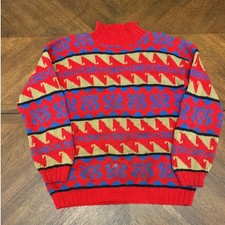 Vintage Cricket Hand Knitted Cotton Sweater L Red Blue Geometric Fair Isle Mock