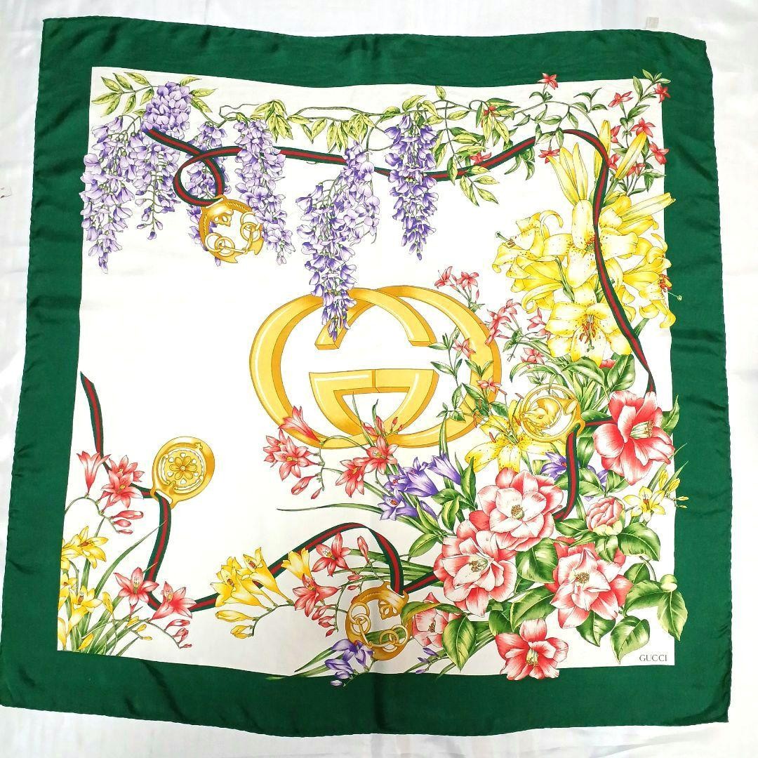 Gucci Silk Scarf Green Interlocking Floral Brand New