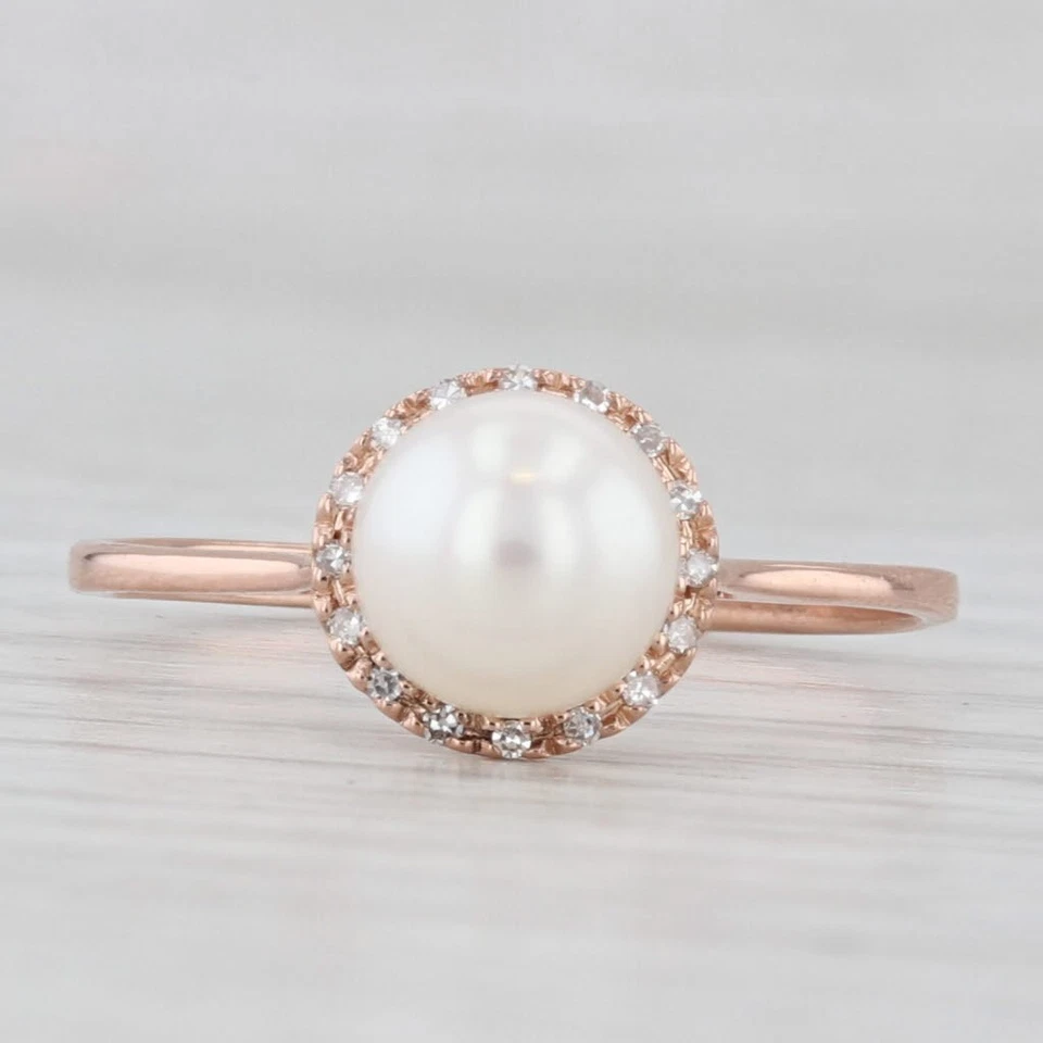 Anillo con halo de diamantes y perlas cultivadas de oro rosa de 14 k talla 7,5 Foto 2 de 4